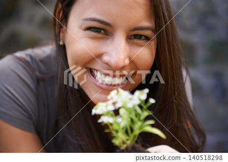 Happy woman, flower and garden with portrait in nature, ecology and sustainability with environment. Landscaping, gardener with plant and eco for growth, green and botanical with smile outdoor Happy woman, flower and garden with portrait in nature, ecology and sustainability with environment. Landscaping, gardener with plant and eco for growth, green and botanical with smile outdoor 140518298