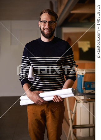 Portrait, smile and man with blueprint, architect and real estate development with ideas and glasses. Person, employee and engineering with documents or maintenance with renovation, smile or property Portrait, smile and man with blueprint, architect and real estate development with ideas and glasses. Person, employee and engineering with documents or maintenance with renovation, smile or property 140518315