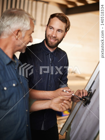 Architecture, father and son with blueprint for planning project, construction or creative. Engineer, apprentice or happy mentor with design, drawing or smile of men training at workshop for building 140518334