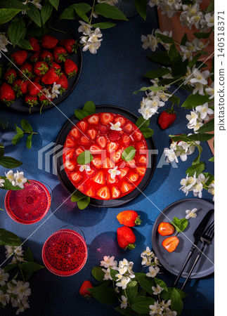 Fresh strawberry jelly cake with jasmine flowers 140518371