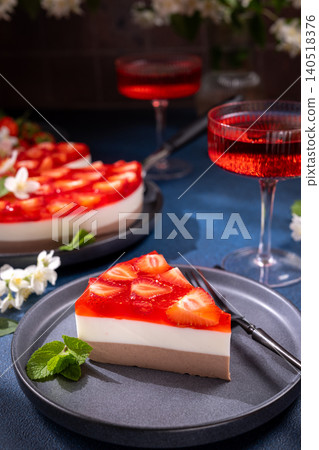 Strawberry jelly cake slice with layered mousse and juice Strawberry jelly cake slice with layered mousse and juice 140518376