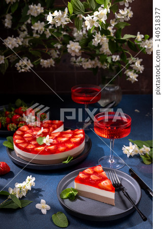 Layered strawberry cheesecake mousse with jasmine flowers Layered strawberry cheesecake mousse with jasmine flowers 140518377