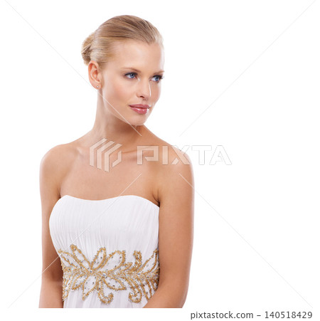 Thinking, woman and bride with wedding gown in studio on white background in confidence for fashion. Female person, classy and glamour in elegant dress design for love, anniversary and celebration. 140518429