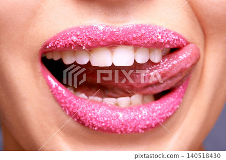 Lipstick, sugar and woman with tongue out, beauty and makeup with creativity and scrub for exfoliation treatment. Sweet, flirt and lick for fun and pink aesthetic, art and cosmetology with cosmetics Lipstick, sugar and woman with tongue out, beauty and makeup with creativity and scrub for exfoliation treatment. Sweet, flirt and lick for fun and pink aesthetic, art and cosmetology with cosmetics 140518430