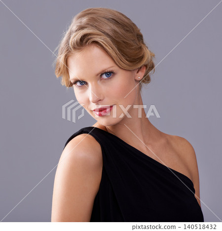 Beauty, fashion and portrait of woman in studio with makeup face for elegant, trendy and fancy dress. Cosmetic, hairstyle and female model with cosmetology routine and classy style by gray background Beauty, fashion and portrait of woman in studio with makeup face for elegant, trendy and fancy dress. Cosmetic, hairstyle and female model with cosmetology routine and classy style by gray background 140518432