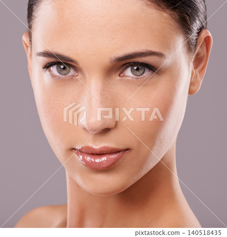 Skincare, wellness and portrait of woman in studio for dermatology, beauty and facial treatment. Luxury salon, spa and face closeup of person with makeup, cosmetics and health skin on background Skincare, wellness and portrait of woman in studio for dermatology, beauty and facial treatment. Luxury salon, spa and face closeup of person with makeup, cosmetics and health skin on background 140518435