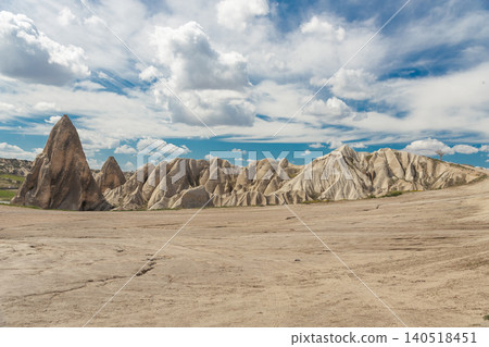 Wide panoramic landscape of Cappadocia in Goreme, Turkey, featuring iconic fairy chimney rock formations, eroded volcanic cliffs, and dramatic cloud-filled skies. Wide panoramic landscape of Cappadocia in Goreme, Turkey, featuring iconic fairy chimney rock formations, eroded volcanic cliffs, and dramatic cloud-filled skies. 140518451