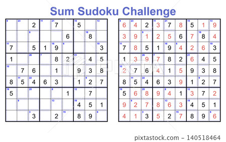 Sum sudoku challenge 9x9 killer puzzle logic game worksheet with mathematical cages and solution 140518464