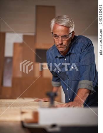 Carpenter, thinking or checking wood in workshop, design and planning in small business. Furniture, craft and production table with clamp for lumber or timber, sustainable and materials or tools 140518481