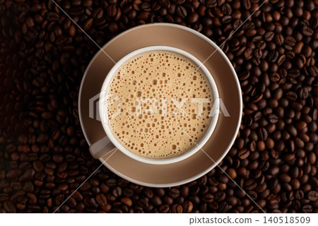 Coffee cup with creamy foam on roasted beans background Coffee cup with creamy foam on roasted beans background 140518509