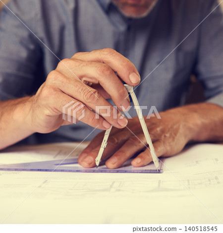 Hands, compass and triangle for architecture, blueprint drawing for construction with person and stationery. Drawing tools, equipment and closeup of floor plan for property development or renovation Hands, compass and triangle for architecture, blueprint drawing for construction with person and stationery. Drawing tools, equipment and closeup of floor plan for property development or renovation 140518545