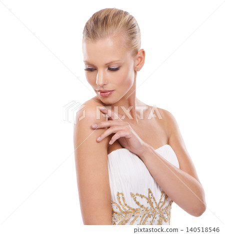 Woman, bride and wedding dress in studio with white background in confidence for bridal fashion. Female person, classy and glamour in elegant gown design for love, anniversary and celebration. Woman, bride and wedding dress in studio with white background in confidence for bridal fashion. Female person, classy and glamour in elegant gown design for love, anniversary and celebration. 140518546