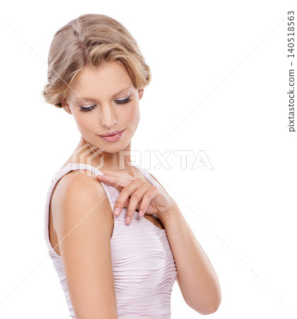 Studio, fashion and elegant woman for beauty with flawless skin and body, makeup or glow with appeal for glamour. Girl, isolated and white background with gorgeous or pretty dress for luxury style. 140518563