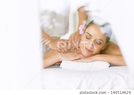 Relax, massage and woman at spa mockup for health, wellness and balance with luxury holistic treatment. Self care, peace and calm girl on table for muscle therapy, comfort and zen body pamper service Relax, massage and woman at spa mockup for health, wellness and balance with luxury holistic treatment. Self care, peace and calm girl on table for muscle therapy, comfort and zen body pamper service 140518629