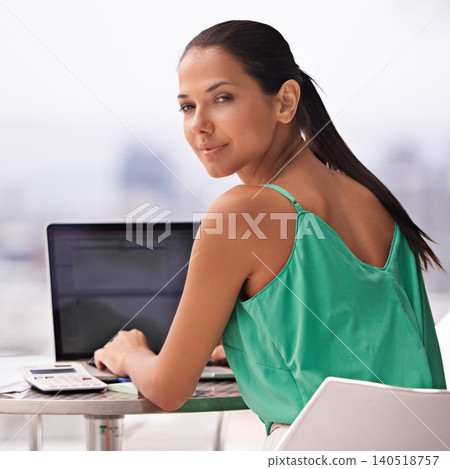 Outdoor, woman and portrait with laptop for finance, trading and remote work on stock market. Calm, investor and person with computer on balcony with budget, strategy or accounting on investment 140518757