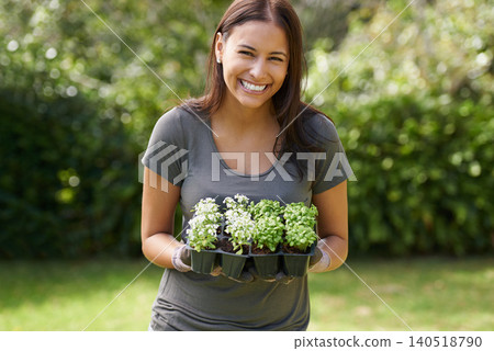 Happy woman, portrait and excited for gardening with plant, sprout or leaf growth outdoor. Backyard, sustainability and face of female person in garden outside for lawn, grass or asylum seedling soil Happy woman, portrait and excited for gardening with plant, sprout or leaf growth outdoor. Backyard, sustainability and face of female person in garden outside for lawn, grass or asylum seedling soil 140518790