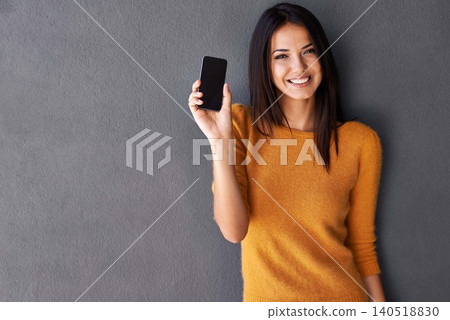 Phone screen, portrait or happy woman with mockup for contact, web or communication on wall background. Smartphone, face or female person with google it space, search or Netflix and chill sign up app Phone screen, portrait or happy woman with mockup for contact, web or communication on wall background. Smartphone, face or female person with google it space, search or Netflix and chill sign up app 140518830