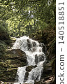 Waterfall cascading over mossy rocks in deep forest 140518851