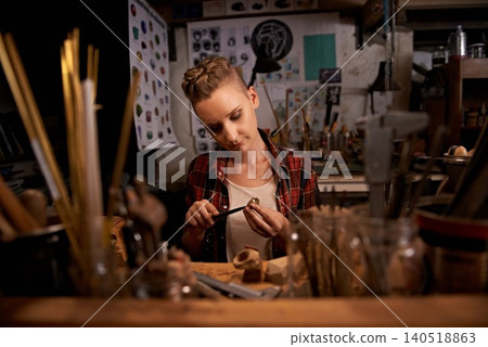 Artist, woman and tools with woodwork in workshop with craftsmanship, knife and handmade design with creativity. Wood, carpenter or creative person at workspace with equipment for handicraft or hobby Artist, woman and tools with woodwork in workshop with craftsmanship, knife and handmade design with creativity. Wood, carpenter or creative person at workspace with equipment for handicraft or hobby 140518863