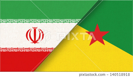 Double flag of Iran and French Guiana on fabric texture. Two flags together Double flag of Iran and French Guiana on fabric texture. Two flags together 140518918