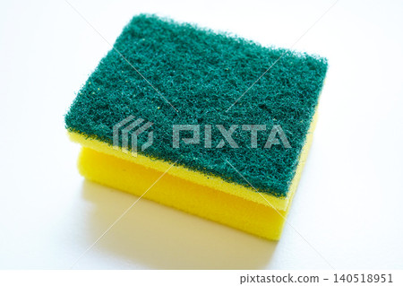 Kitchen sponge with abrasive pad for cleaning, white background 140518951