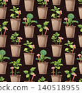 Gardening Seamless Pattern with Vegetable Seedlings in Peat Pots and Wooden Markers. Flat Vector Design with Green Plants and Earthy Tones. Perfect for Textile, Fabric, Wrapping Paper and Background. 140518955
