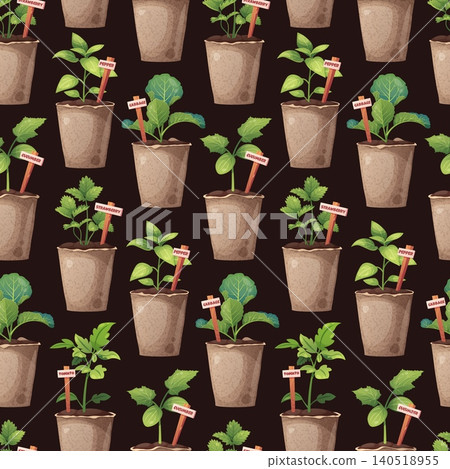 Gardening Seamless Pattern with Vegetable Seedlings in Peat Pots and Wooden Markers. Flat Vector Design with Green Plants and Earthy Tones. Perfect for Textile, Fabric, Wrapping Paper and Background. Gardening Seamless Pattern with Vegetable Seedlings in Peat Pots and Wooden Markers. Flat Vector Design with Green Plants and Earthy Tones. Perfect for Textile, Fabric, Wrapping Paper and Background. 140518955