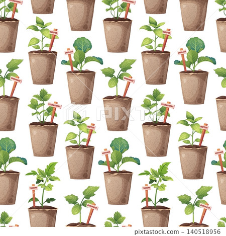 Gardening Seamless Pattern with Vegetable Seedlings in Peat Pots and Wooden Markers. Flat Vector Design with Green Plants and Earthy Tones. Perfect for Textile, Fabric, Wrapping Paper and Background. Gardening Seamless Pattern with Vegetable Seedlings in Peat Pots and Wooden Markers. Flat Vector Design with Green Plants and Earthy Tones. Perfect for Textile, Fabric, Wrapping Paper and Background. 140518956