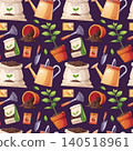 Gardening Seamless Pattern with Watering Cans, Soil Bags, Tools and Seed Packets. Flat Vector Illustration with Green Plants. Perfect for Textile, Fabric, Wrapping Paper and Background. 140518961