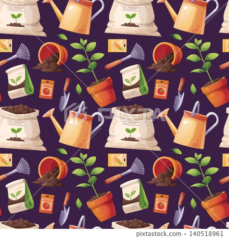 Gardening Seamless Pattern with Watering Cans, Soil Bags, Tools and Seed Packets. Flat Vector Illustration with Green Plants. Perfect for Textile, Fabric, Wrapping Paper and Background. Gardening Seamless Pattern with Watering Cans, Soil Bags, Tools and Seed Packets. Flat Vector Illustration with Green Plants. Perfect for Textile, Fabric, Wrapping Paper and Background. 140518961