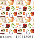 Gardening Seamless Pattern with Watering Cans, Soil Bags, Tools and Seed Packets. Flat Vector Illustration with Green Plants. Perfect for Textile, Fabric, Wrapping Paper and Background. 140518964