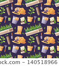 Gardening Seamless Pattern with Tools and Plants. Rubber Boots, Coiled Hose, Wooden Planter, Metal Bucket with Gloves, Soil Bags and Hand Tools. Perfect for Textile, Fabric, Wrapping Paper or 140518966