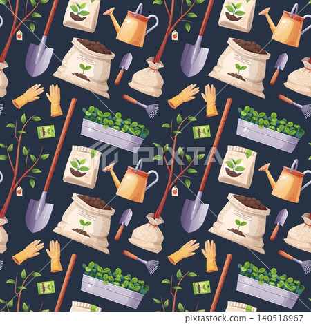 Gardening Seamless Pattern with Tools and Supplies. Shovels, Watering Cans, Gloves, Seedlings and Fruit Trees. Perfect for Textile, Fabric, Wrapping Paper or Background. Gardening Seamless Pattern with Tools and Supplies. Shovels, Watering Cans, Gloves, Seedlings and Fruit Trees. Perfect for Textile, Fabric, Wrapping Paper or Background. 140518967