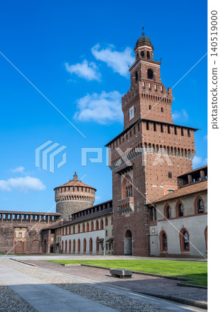 Milan, italy, october 2, 2024. Sforza castle featuring the filarete tower and fortifications in milan, italy, a historic landmark and popular tourist destination 140519000