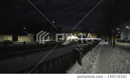Chilly Riverside Promenade Under Streetlights Leading To Luminous Bridge And Distant Structures. Media 140519102