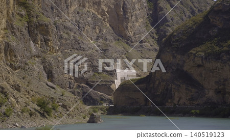 Narrow Canyon With Concrete Features Blends Industrial Design With Natural Ruggedness And Steep Cliffs. Creative Narrow Canyon With Concrete Features Blends Industrial Design With Natural Ruggedness And Steep Cliffs. Creative 140519123
