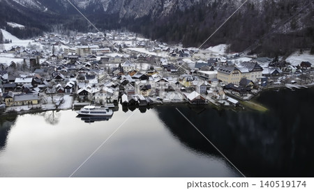 Calm Icy Lake Reflecting Mountain Village. Peaceful Frozen Lake Mirrors Snowcovered Town And Cliffs. Media Calm Icy Lake Reflecting Mountain Village. Peaceful Frozen Lake Mirrors Snowcovered Town And Cliffs. Media 140519174