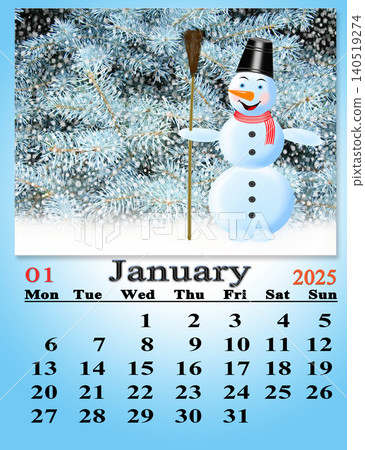 calendar for January 2025 with illustration of snowman. Business calendar. calendar for January 2025 with illustration of snowman. Business calendar. 140519274