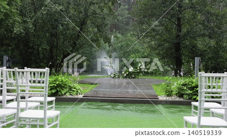 Serene Garden Ceremony Setting. Intimate Wedding Scene With Natural Beauty And Gentle Lighting. Creative Serene Garden Ceremony Setting. Intimate Wedding Scene With Natural Beauty And Gentle Lighting. Creative 140519339