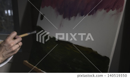 Painter Blocks Hill With Broad Strokes. Colorful Landscape Created By Expressive Painter In Natural Setting . Media 140519350