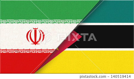 Double flag of Iran and Mozambique on fabric. Iranian and Mozambican flag Double flag of Iran and Mozambique on fabric. Iranian and Mozambican flag 140519414