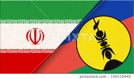 Double flag of Iran and New Caledonia on fabric. Iranian and New Caledonian flag Double flag of Iran and New Caledonia on fabric. Iranian and New Caledonian flag 140519448