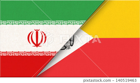 Double flag of Iran and Marquesas Islands on fabric texture Double flag of Iran and Marquesas Islands on fabric texture 140519463
