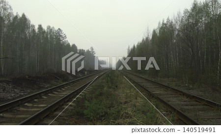 Overgrown Road Through Quiet Woods. Deserted Forest Railway Disappearing Into Distant Misty Horizon . Stock clip Overgrown Road Through Quiet Woods. Deserted Forest Railway Disappearing Into Distant Misty Horizon . Stock clip 140519491