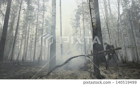 Fire Rescue Personnel Carefully Traverse Fallen Logs To Douse Remaining Hot Spots Effectively . Stock clip 140519499