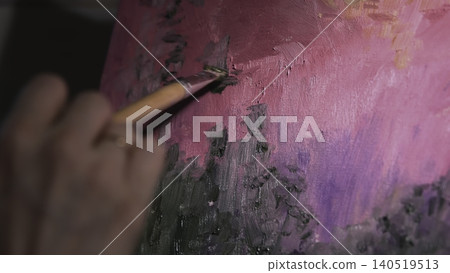 Artist Meticulously Refines Layered Brush Strokes On Bright Pink Canvas Using Precise Tools And Lighting . Media Artist Meticulously Refines Layered Brush Strokes On Bright Pink Canvas Using Precise Tools And Lighting . Media 140519513