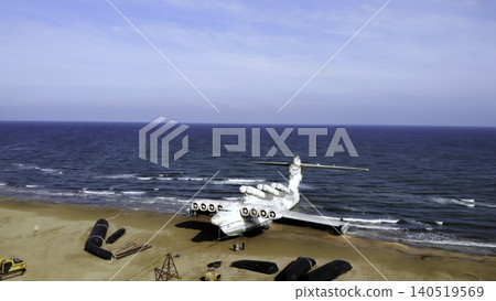 Aircraft Front Inspection Captured From Above. Aerial Survey Of Airplane Nose And Engines Area. Media Aircraft Front Inspection Captured From Above. Aerial Survey Of Airplane Nose And Engines Area. Media 140519569