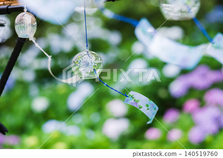 Wind chimes swaying against the backdrop of hydrangeas in Gongendo Park. 140519760