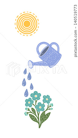 Object: watering can and flower . Hand drawn. Not AI, vector illustration. Object: watering can and flower . Hand drawn. Not AI, vector illustration. 140519773