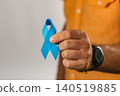 Awareness ribbon held by a man for health support and community care 140519885
